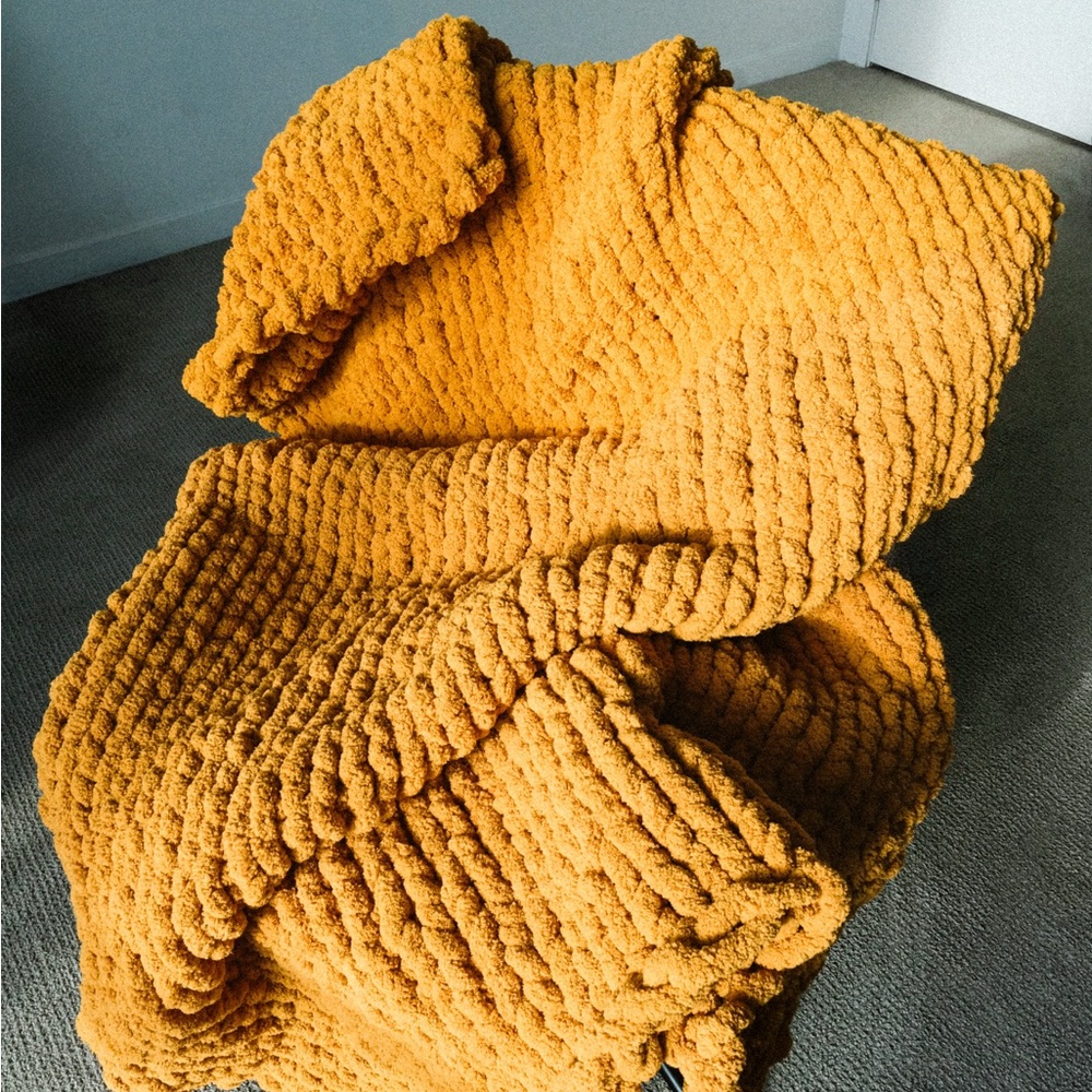 Mustard Yellow Hand Knit Chunky Chenille Blanket